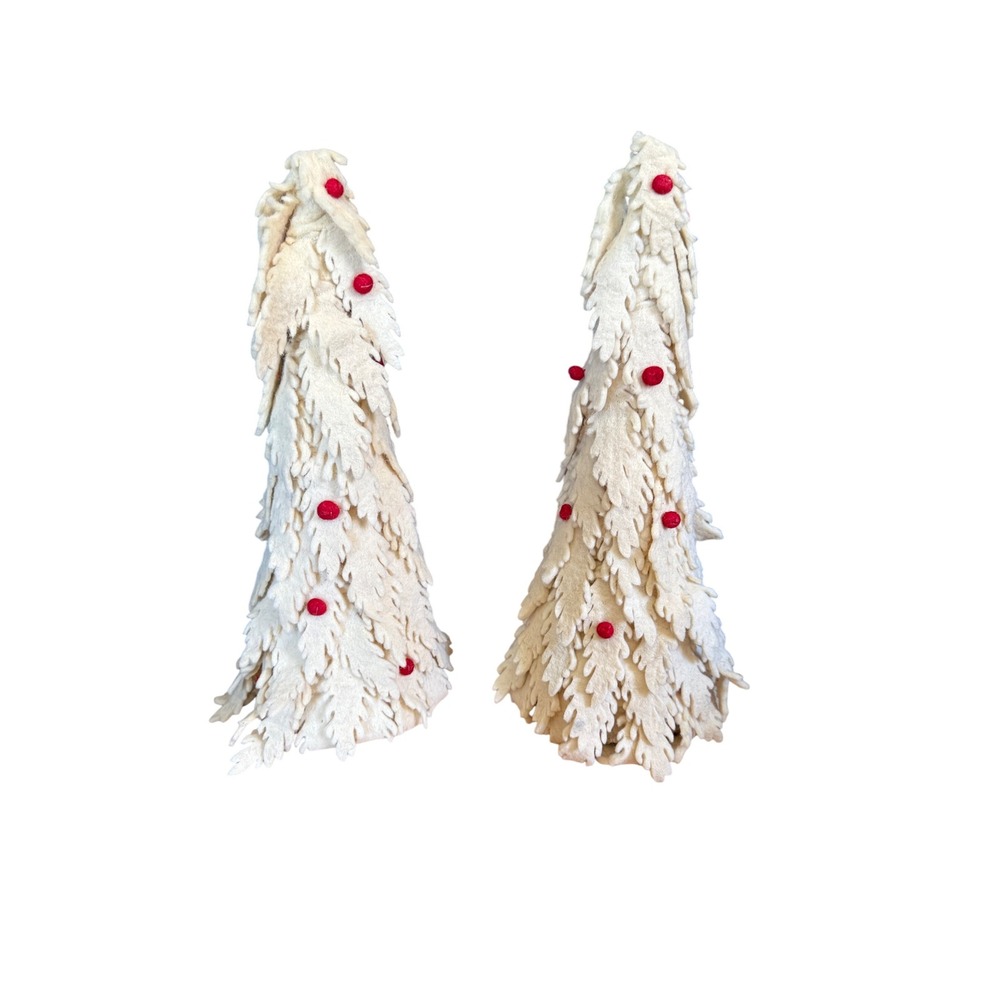 Cream Felt Christmas Tree Tabletop Decor Set Red Pom Pom Holiday 19 Inch 2pc
